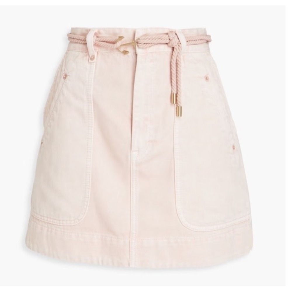 ZIMMERMANN Tropicana Belted Denim Skirt SZ 3/10 Pastel Pink Anchor Rope Resort